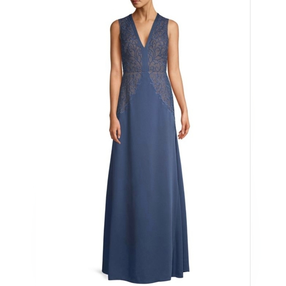 BCBGMaxAzria Sleeveless Navy Blue Lace-Accent Maxi Dress